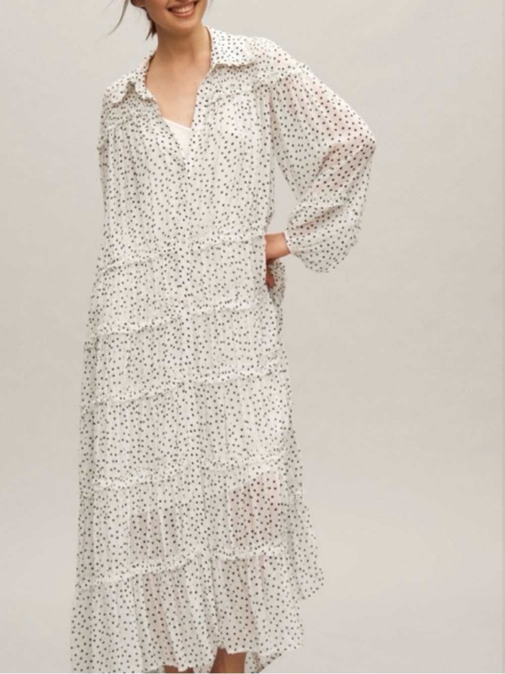 Anthropologie Chiffon White Maxi Dress with Black Polka Dots